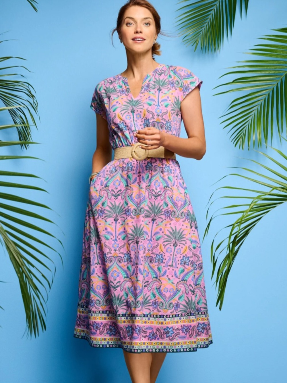 Talbots Voile Birds and Palms Printed Midi Dress Organic Cotton 2024 Collection